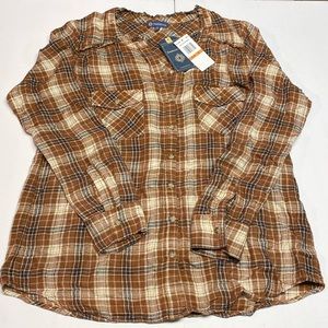 New Brown/Gold Plaid long sleeve/ 3/4 sleeve Button Down V-Neck Blouse Women’s S